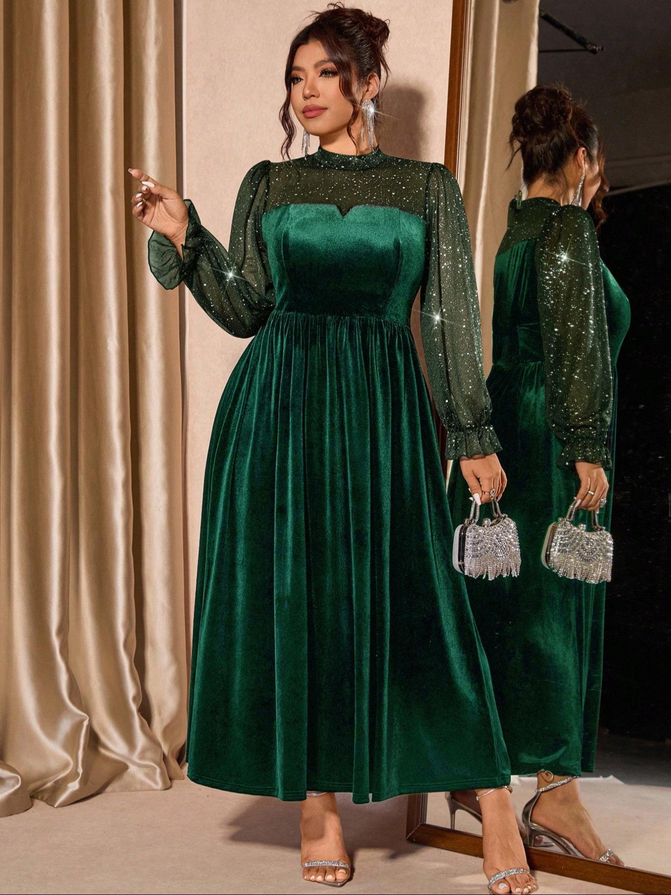 Plus Size Women's Mesh Velvet Elegant Bubble Sleeve Dress, Waist Cinched, Perfect for Parties and Gatherings, Fall & Winter Fashion