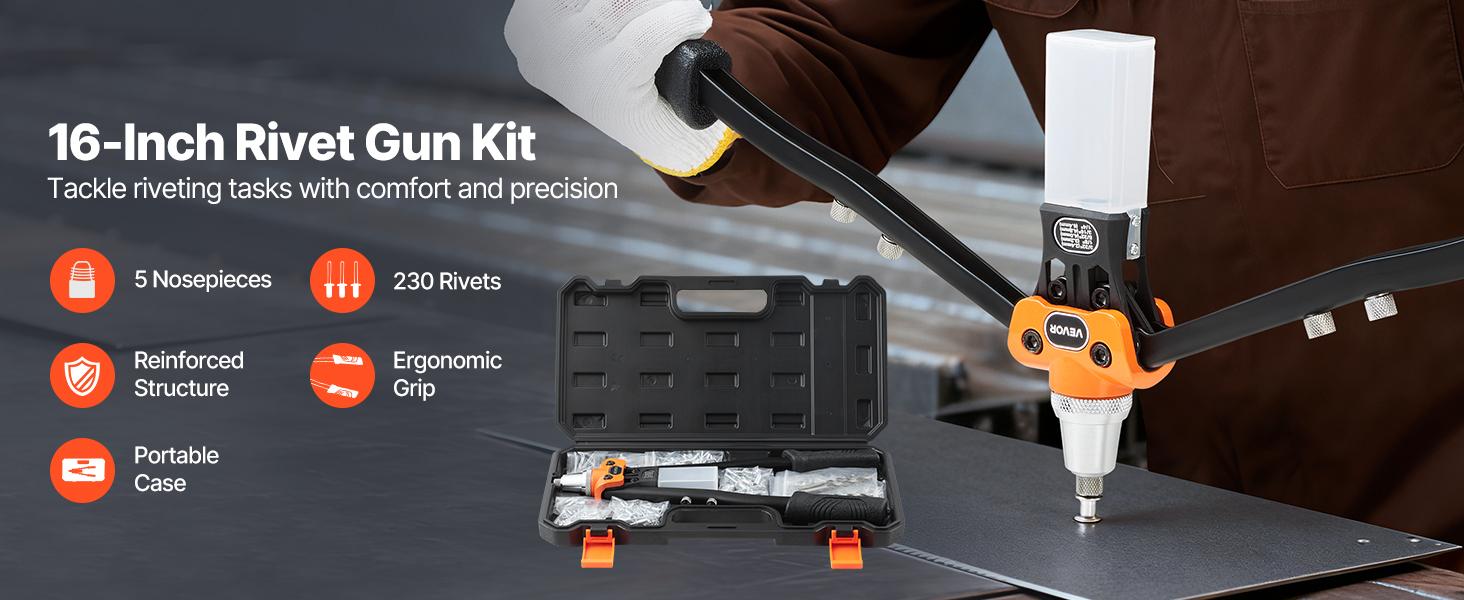VEVOR Pop Rivet Gun Kit, with 230 Blind Rivets, Two-Handed Riveter with 5 Interchangeable Nosepieces, 5 Drill Bits, and a Carrying Case, Manual Riveting Tool for Metal, Automotive, Home, and DIY