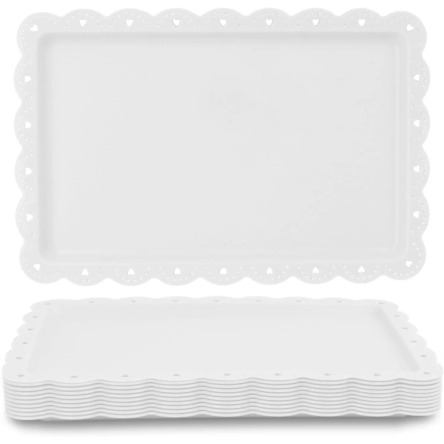 12 Pack Disposable Plastic Rectangle Serving Trays, 14.4" X 9.3" White Dessert Plates for Cookies, Party, Wedding, Restaurant