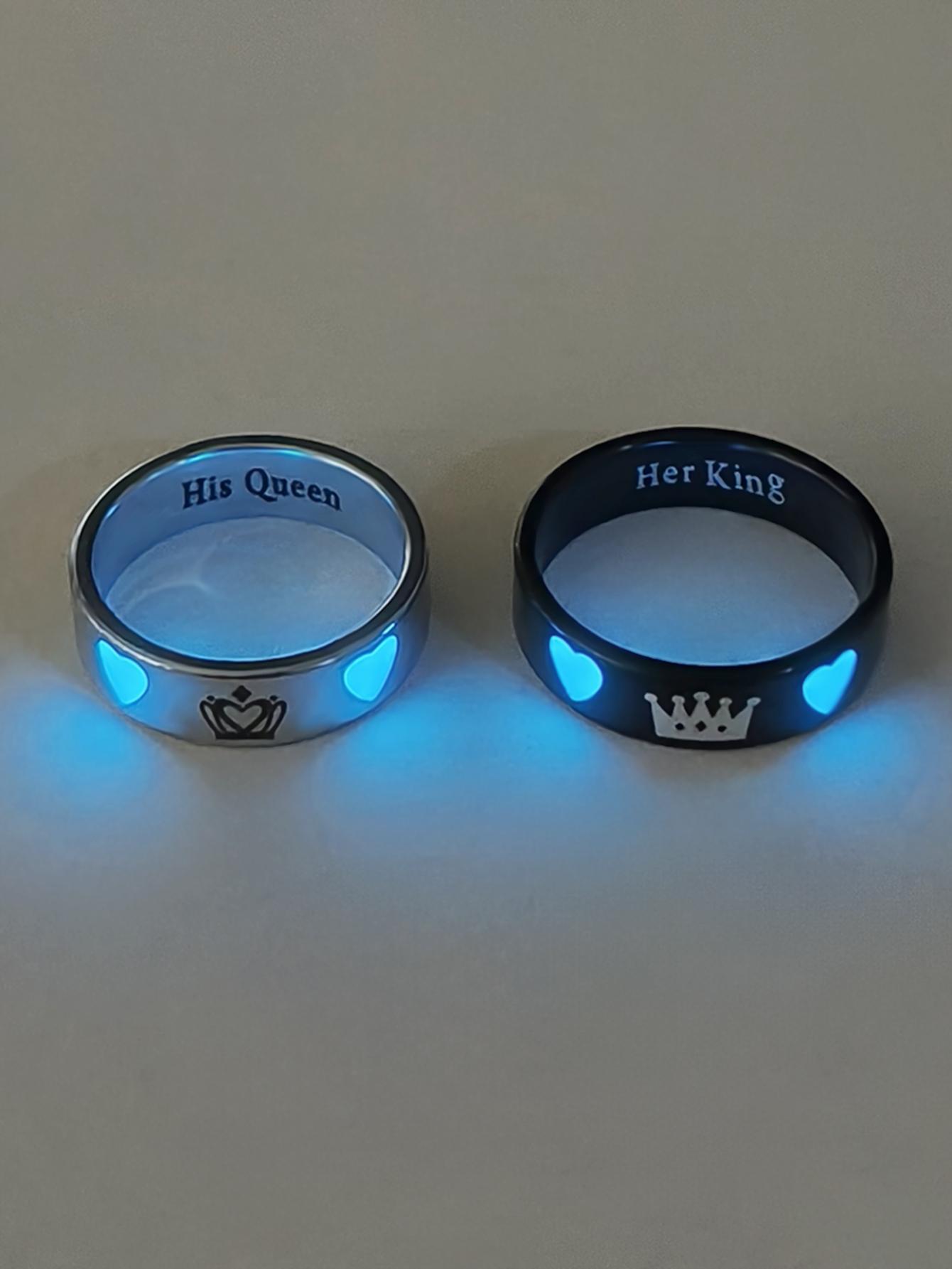 2 Pcs Glow-In-The-Dark Heart Crown Couple Ring Set, King Queen Alphabet Design, Ace Block Pattern, Fashion Jewelry for Women, Valentine Gift, Beautiful Rings, Fashionable Jewelry