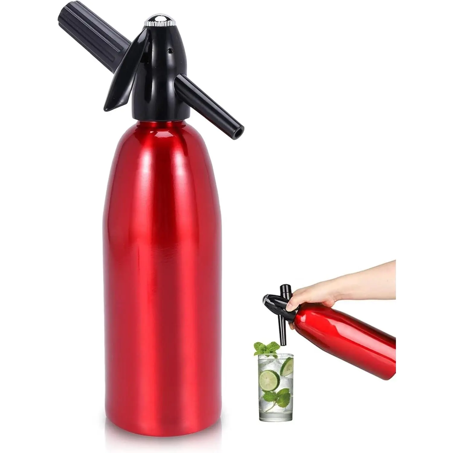 1L Soda Siphon Sparkling Water Maker, Portable Aluminum Seltzer Bottle for Homemade Soda Water & Cocktails, Vintage Carbonated Drink Maker, Uses 8g CO2 Cartridges (Not Included), Red
