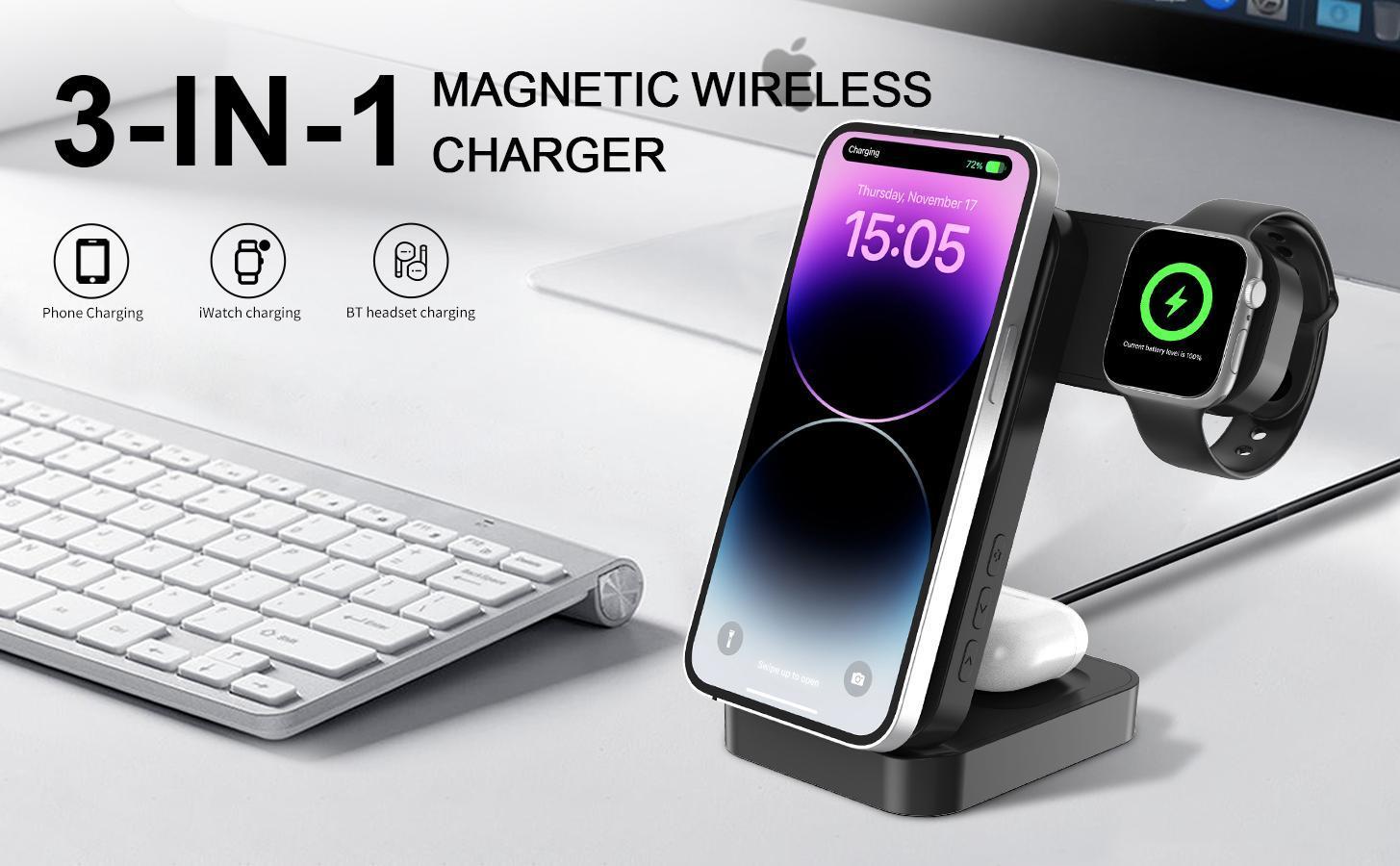 S1-A Folding 3-in-1 Magnetic Wireless Charging Station with Digital Clock - Fast Qi Charger for Qi-Enabled Cellphones, Wearables & Earbuds, Desk & Travel Portable Electronic Accessories Dock Stand