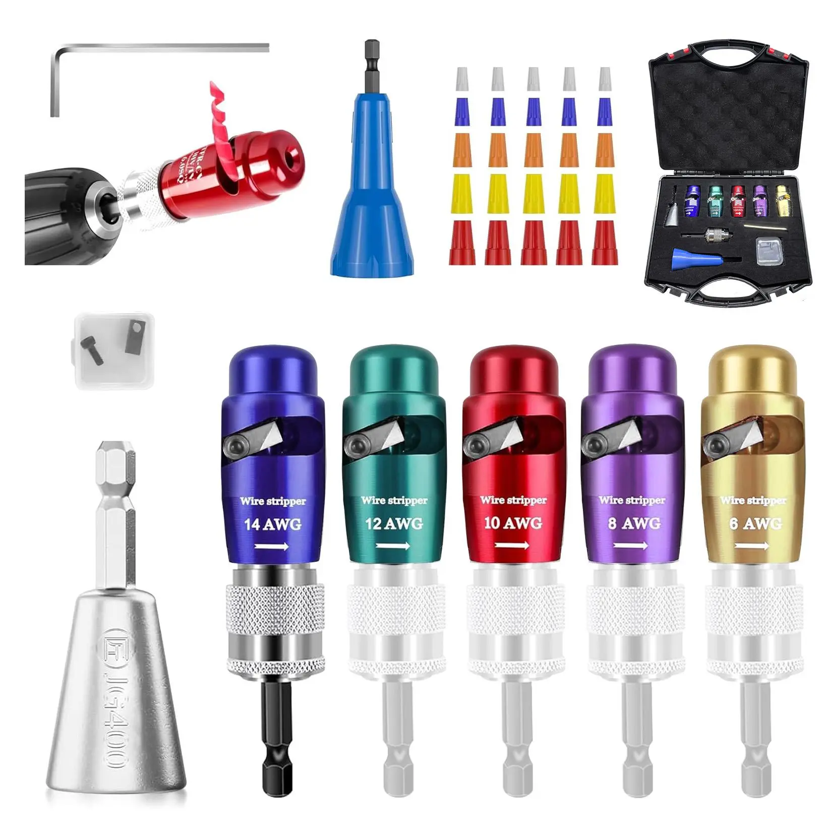 8PCS Coded Wire Stripping Drill Bit Set - Electrician Tool Kit with Zinc Alloy, Tungsten Steel Connectors, Coded Bits