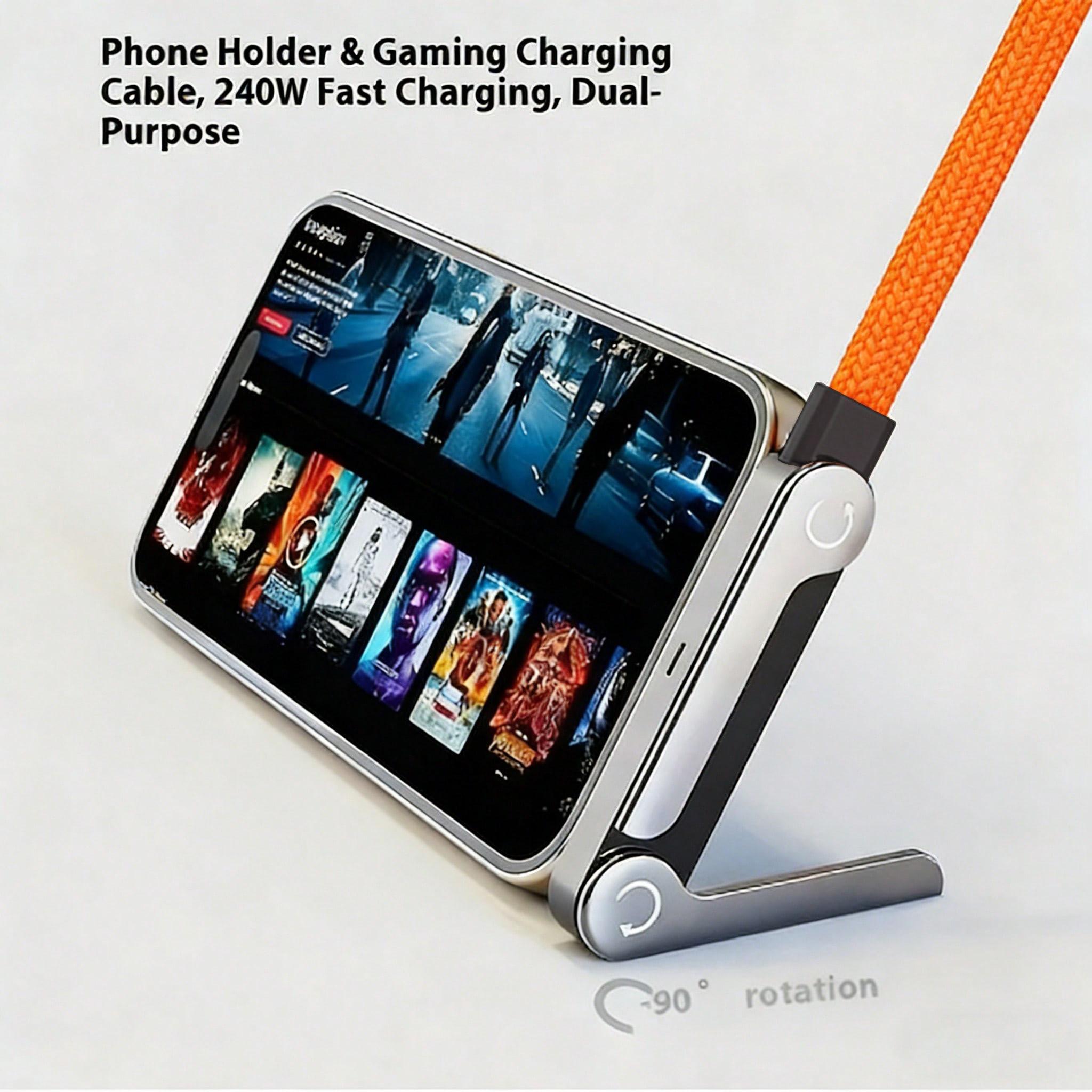240W (Max) Orange Fast Charging Braided Data Cable, 2026 Latest Orange Stand Data Cable, featuring nylon braided material, supporting fast charging, with integrated phone stand, T-shaped foldable design, USB-C to Type-C interface. Compatible with iPhone 1