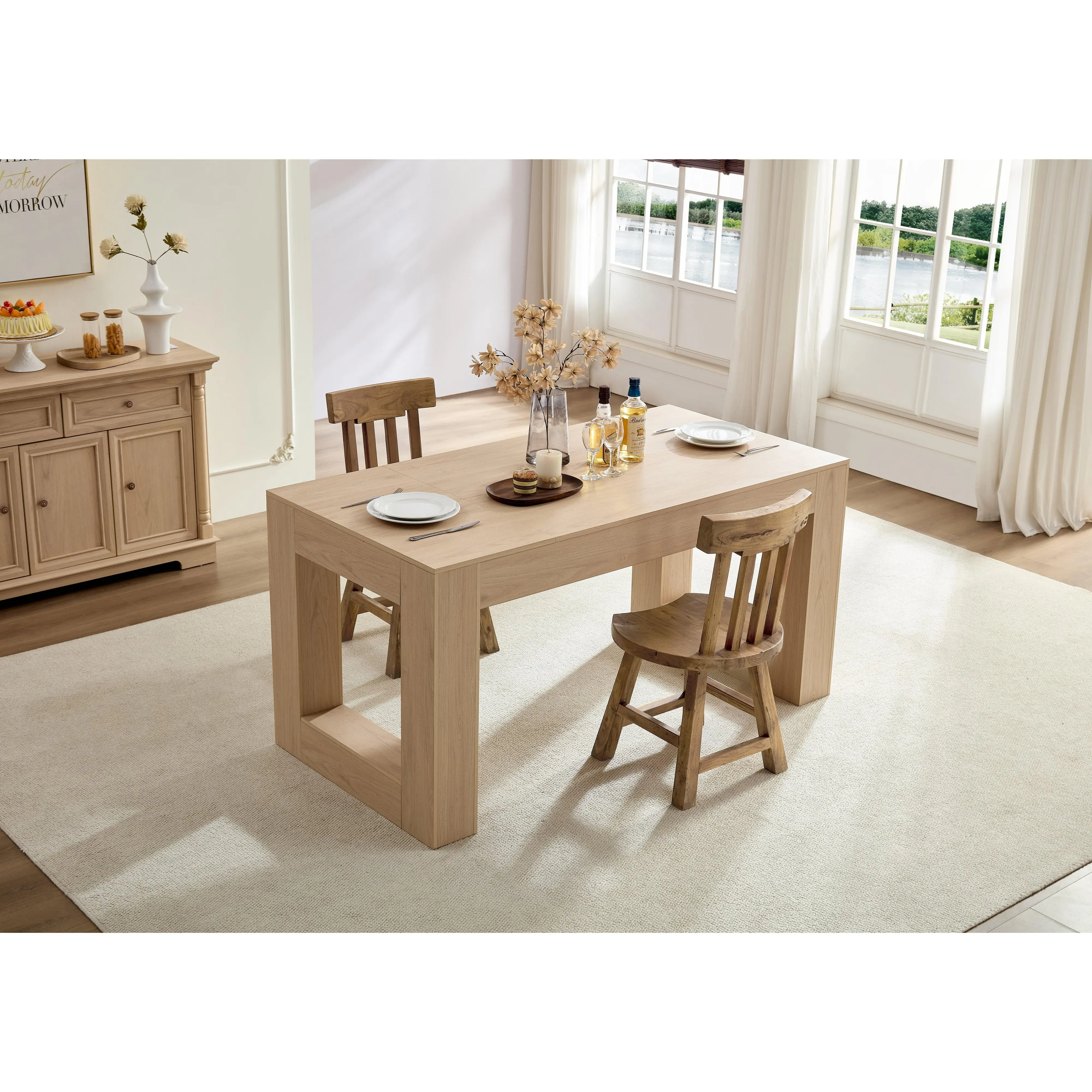 Farmhouse Rectangular Dining Table for 4-6 People, 63 x 31.5 x 29.5 Inch MDF Wood Top with Sturdy Wood Legs, Indoor Kitchen and Dining Room Table, Wood Color