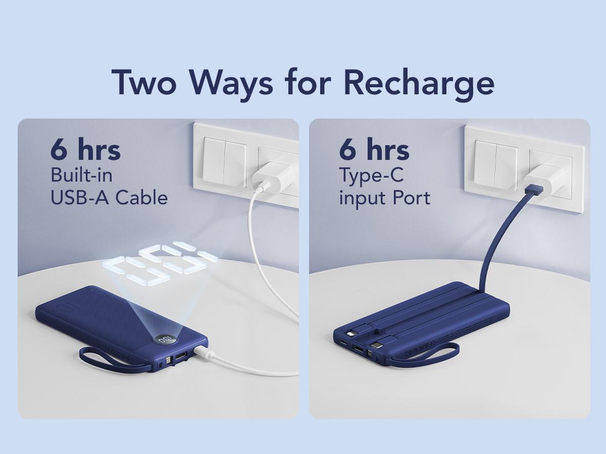 VRURC 10000mAh Power Bank with 4 Built-in Cables USB-C USB-A Type-C LED Display Fast Charging Protection Multi-Device Battery Pack for iPhone Samsung Android Tablet iPad Earbuds Smartphone Black Green Compact Portable