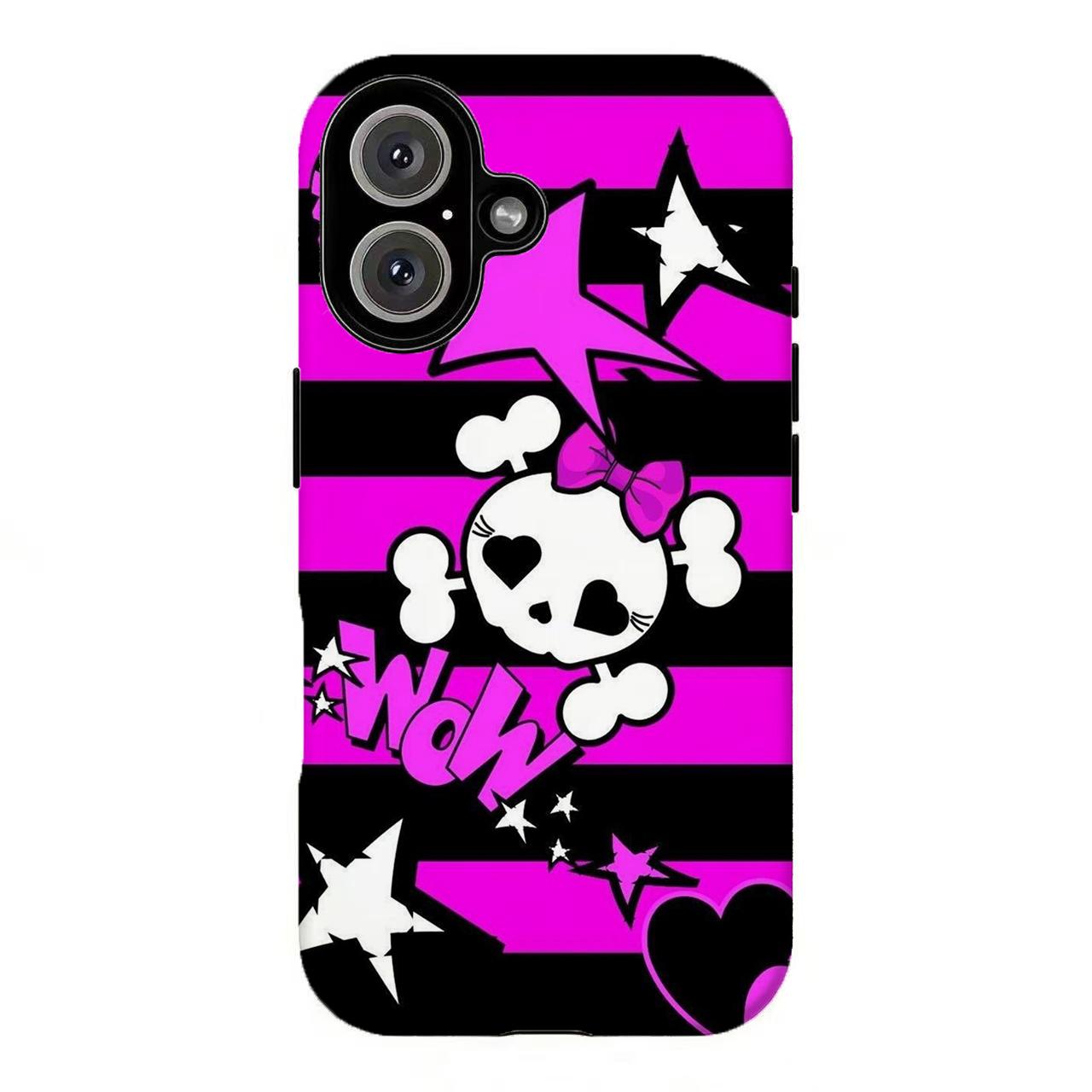 FL-Y2K Emo Kawaii Skull Bow Phone Case,Cute Crossbone Polka Dot Striped Protective Cover, Pink Blue Black Star Stripe Shockproof Cover For iPhone 11 12 13 14 15 16 17 Air Pro Max for Samsung S26 S25 S24 S23 S22 S21 Case,Gift for her/him