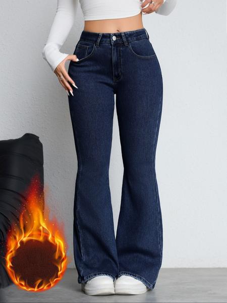 Women's Fleece Lined Thick Denim Flare Pants, Comfortable Winter Fashion Jeans, Elegant Plain Design, All Seasons Wear