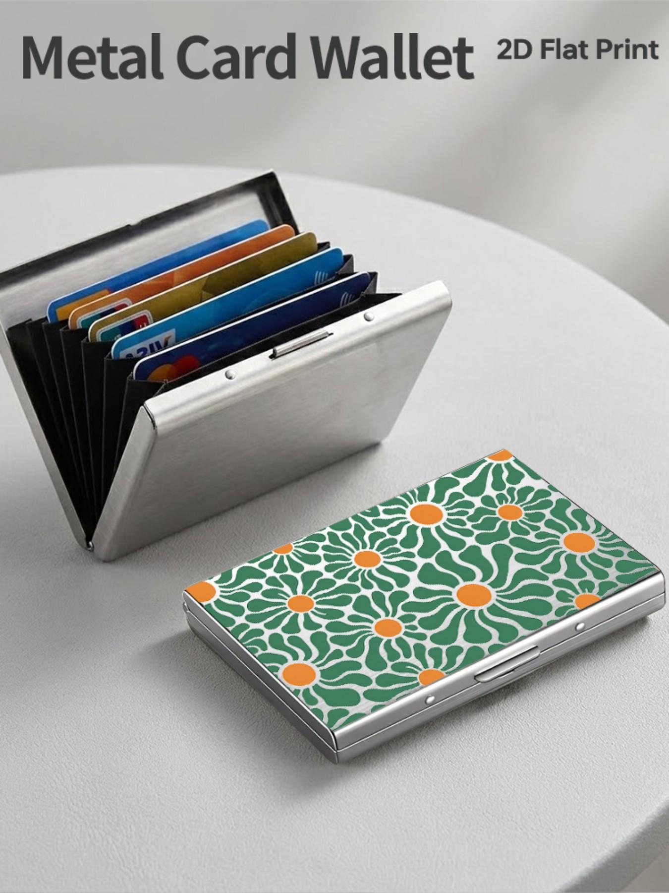 Rfid Anti-Theft Stainless Steel Card Holder, Vintage Daisy Pattern, Slim Wallet for 6 Cards, Unisex Travel & Business Use