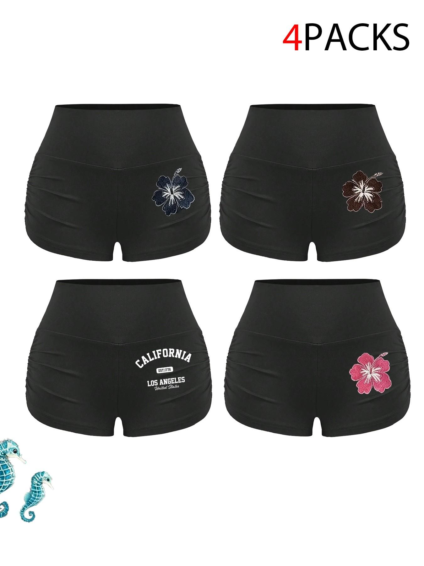 Women's 4-Piece High-Waisted Ruched Shorts Set, Stretchy Fabric, Floral & Letter Prints, Beach & Pool Wear, Casual Summer, Casual Festival Shorts