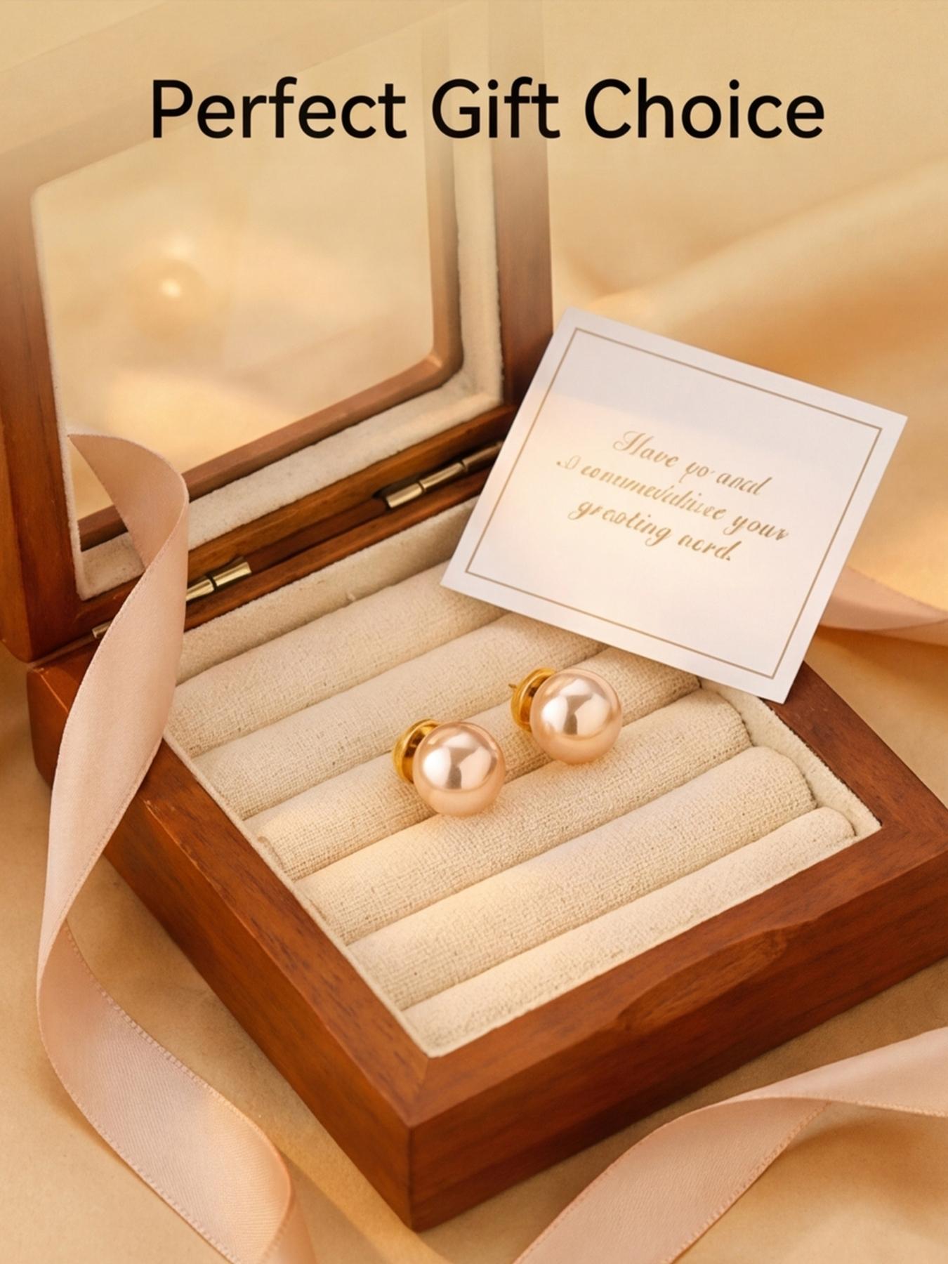 Women's Hypoallergenic Classic Champagne Pearl Stud Earrings, Gold Plated Minimalist Timeless Round Pearl Earrings, Fashion Jewelry for Everyday Wear Office & Gift