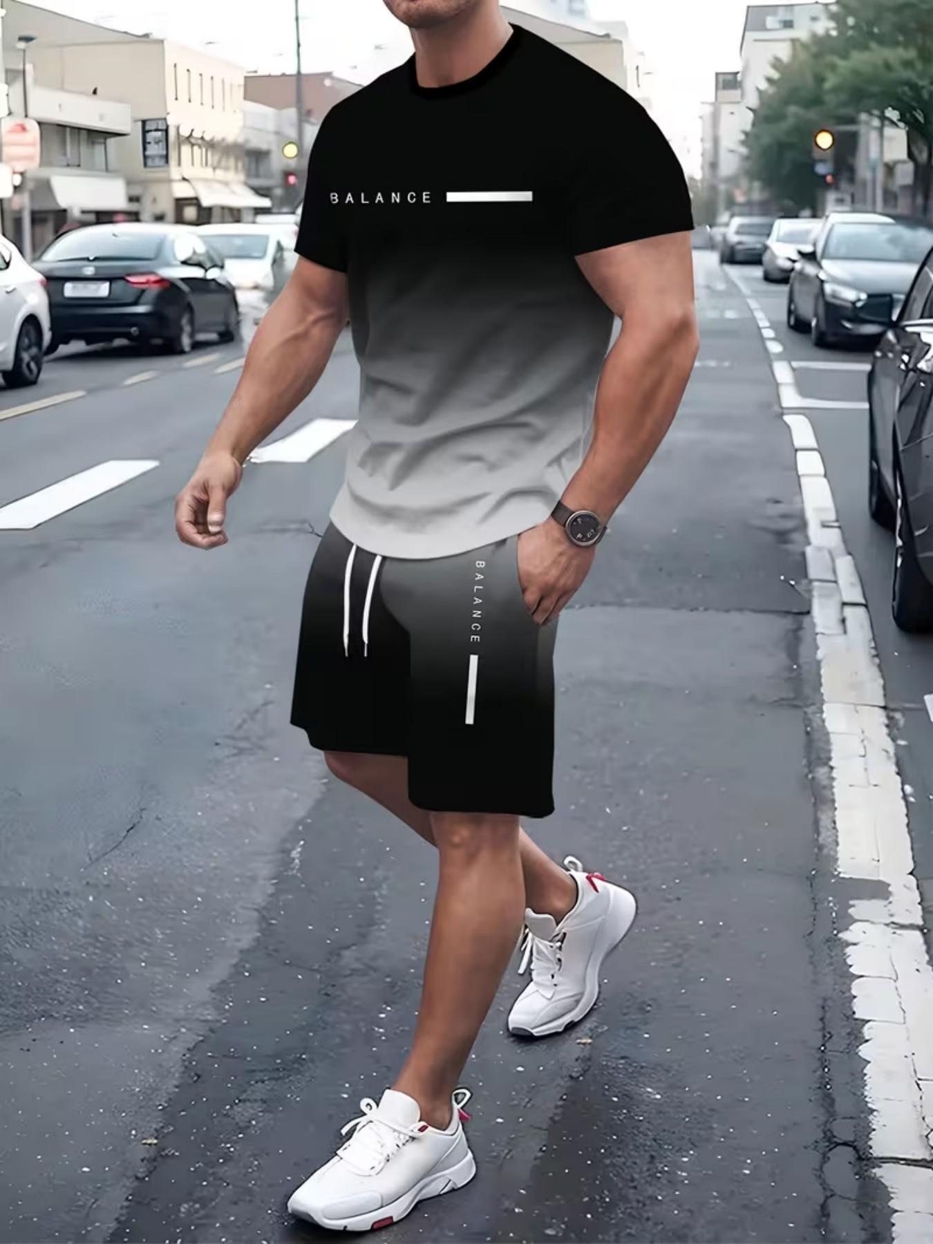 Men's Gradient Fitness Short Sleeve Set, Summer Trendy Sportswear Casual Two-Piece, Fitted Tee and Shorts, Regular Length Men's Gradient Fitness Short Sleeve Set, Summer Trendy Sportswear Casual Two-Piece, Fitted Tee and Shorts, Regular Length