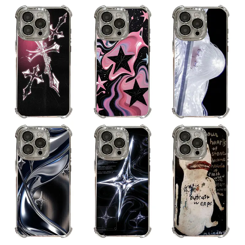 Y2K Chrome Star Cross Graphic Shockproof Clear iPhone Case - Pink Dark Goth Alt Aesthetic Anti-Drop Cover for iPhone 17,16,15,14,13,12,11,Pro,Max,Plus