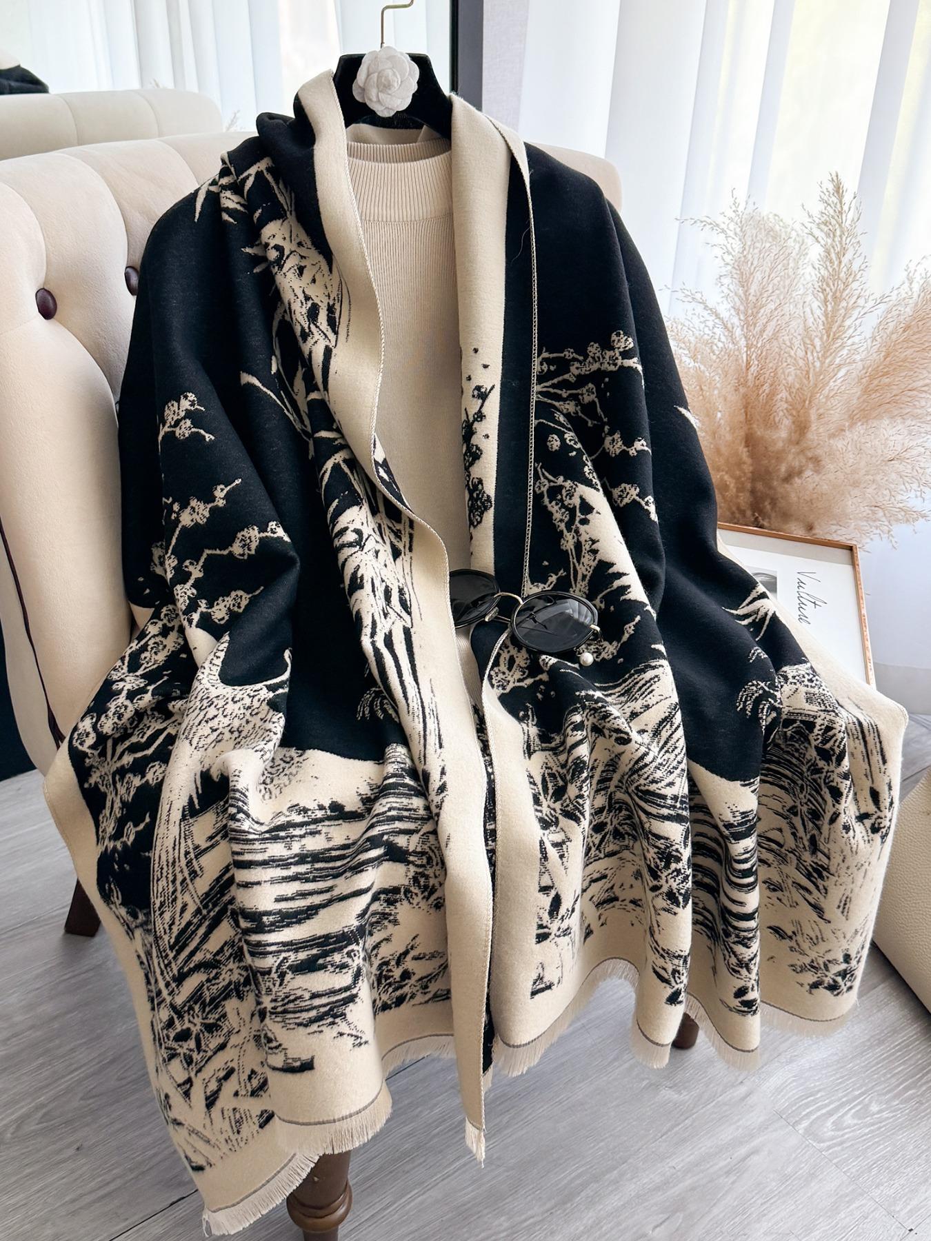 Women's Floral Pattern Raw Trim Shawl, Girlfriend Gifts, Imitation Cashmere Long Scarf, Casual Soft Warm Thick Double Sided Scarf for Fall & Winter, Fashion Accessories for Daily Wear