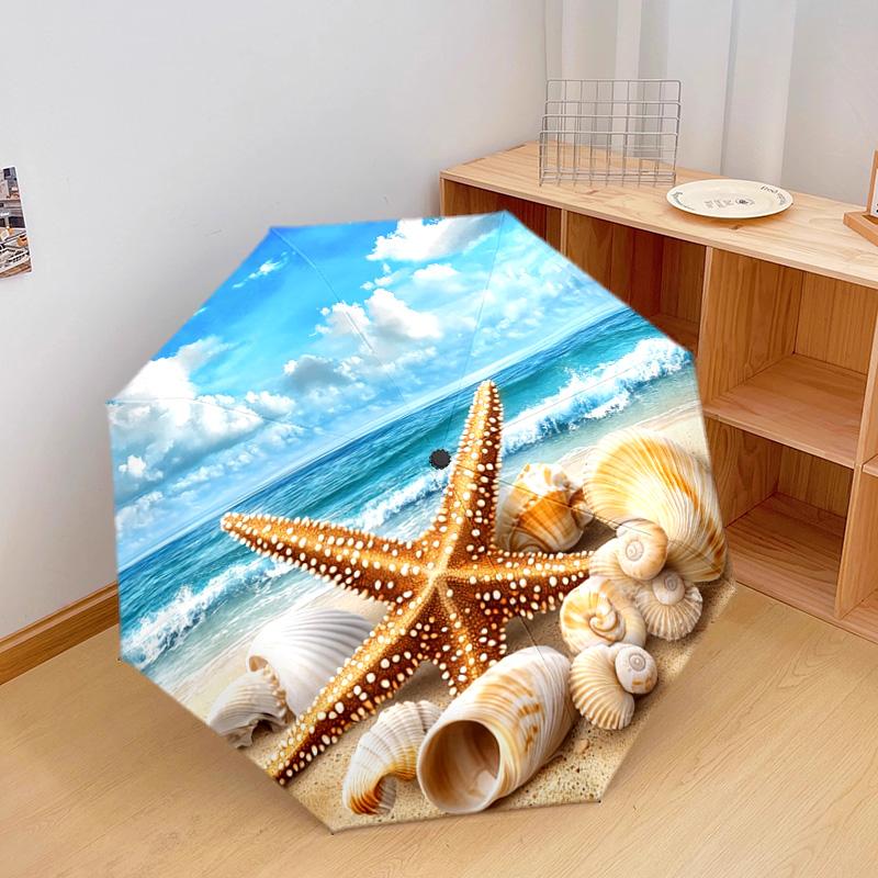 1 PC Automatic Folding Umbrella - Beach Starfish Shells Ocean Waves Pattern, Portable & Foldable Design with 8 Ribs, Merry Christmas Pattern,Casual Outdoor Accessory Halloween and Christmas Birthday Gifts. G00125