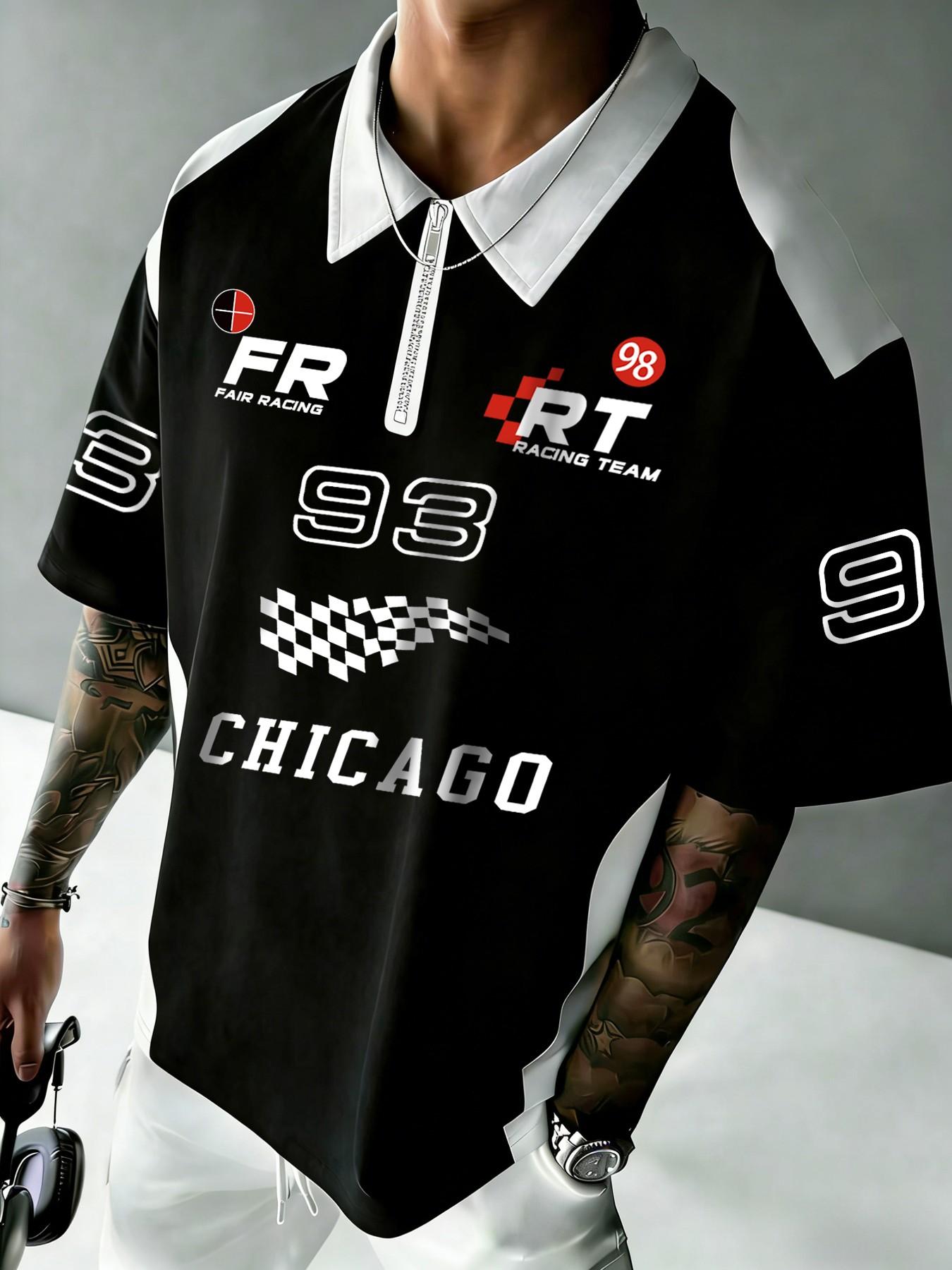 Men's Oversize Chicago Racing Theme Polo Shirt, Loose-Fitting Zipper Collar Letter Print Short Sleeve, Street Style Motorcycle