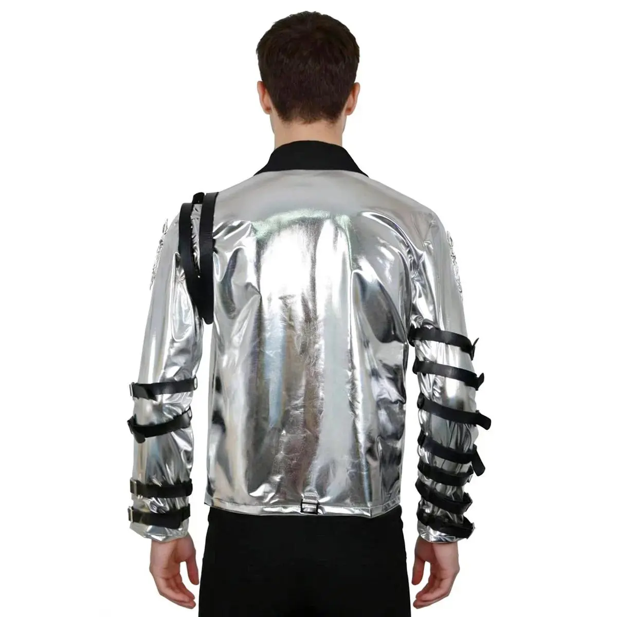 MJ Michael Jackson cosplay costume, Michael performance costume, silver leather jacket, Halloween stage performance costume