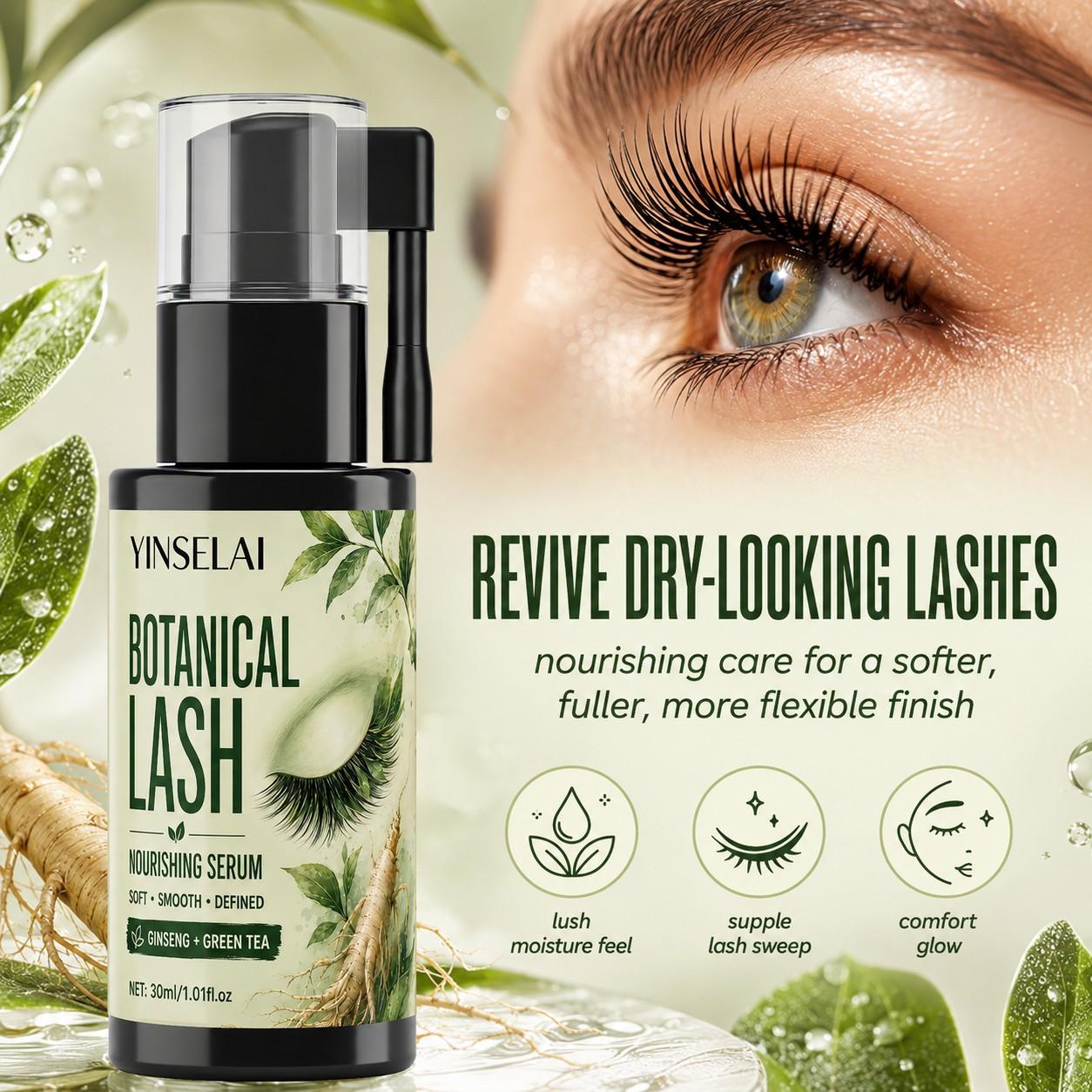 Plant-Based Lash Care Solution, Ginseng Tea Lash Thickening Serum, Nourishes Weak Lashes, Natural Long and Bright Lashes, Longer Looking Lashes, Daily Use
