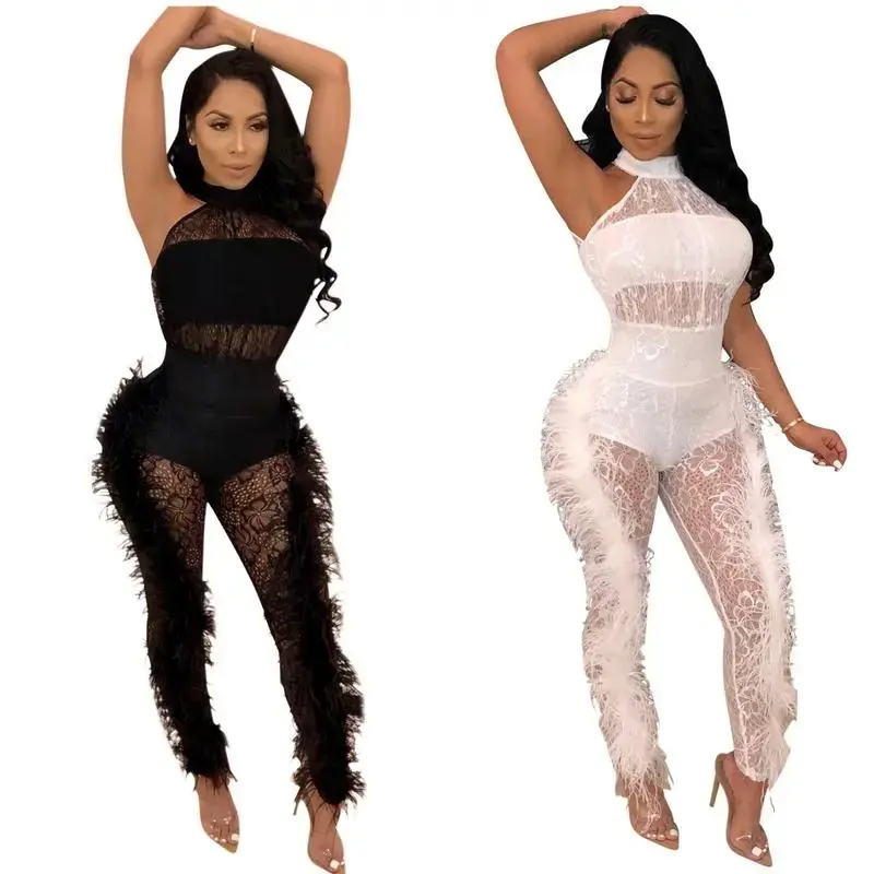 PopularEuropeanandAmericanSexySolidColorFeatherSideJumpsuit