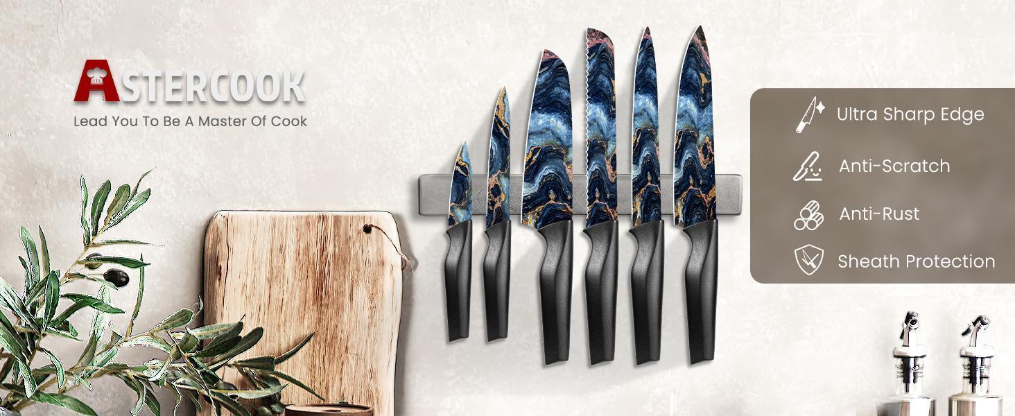 Astercook 6-Piece Stratigraphic Knife Set, 6 Anti-Rust Stainless Steel Knives with Blade Guards, Dishwasher Safe.