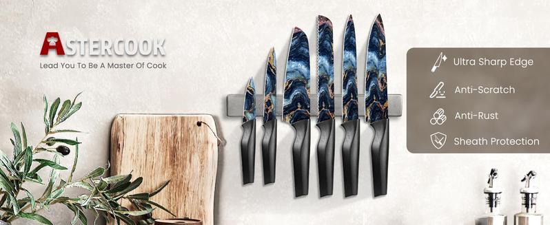 Astercook 6-Piece Stratigraphic Knife Set, 6 Anti-Rust Stainless Steel Knives with Blade Guards, Dishwasher Safe.