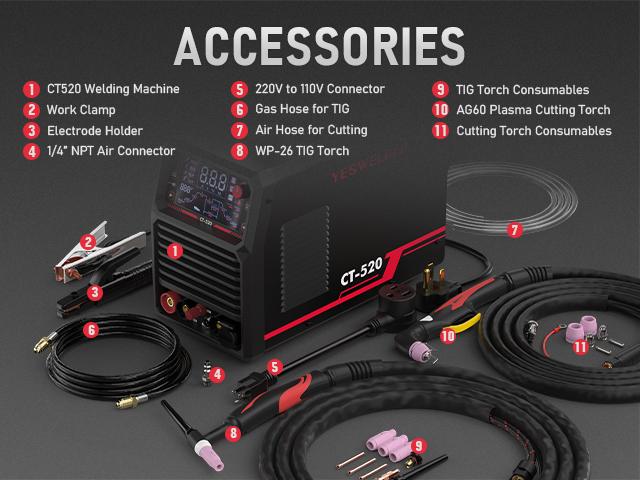 YESWELDER CT-520 110/220V DC TIG Welder & Plasma Cutter Combo | HF CUT/HF TIG/Pulse TIG/Spot Welding/Stick 5-In-1 Welding Machine | 200A TIG MMA & 50A CUT