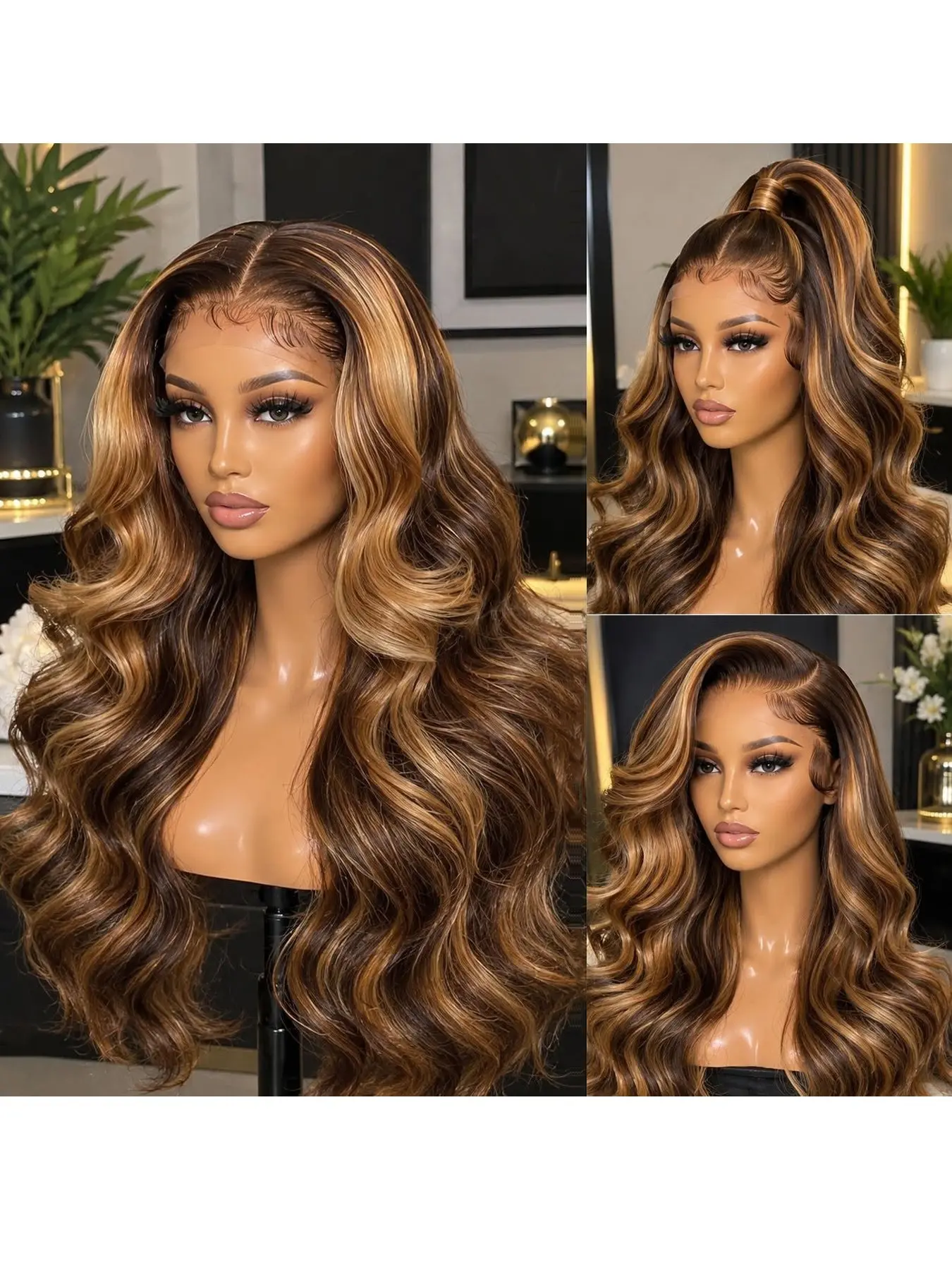 Highlight 13x4 Lace Front Wig Synthetic Hair Pre Plucked With Baby Hair Widow's Peak HD Lace Frontal Wig Ombre Honey Brown 200% Density Body Wavy Glueless Wig for Women
