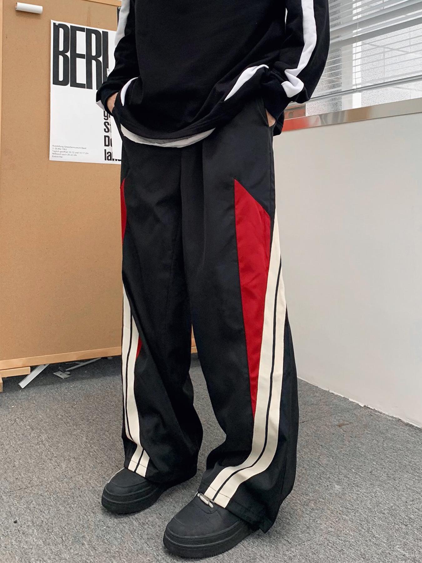 Men's Side Stripe Drawstring Waist Straight Leg Pants, Casual Pocket Letter Patched Trousers for Fall & Winter, Loose Menswear, Drippy Outfits