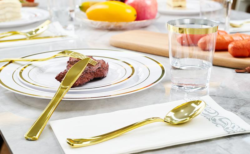 Kerilyn 350/700 Pcs Plastic Plates Disposable Silverware and cups, Disposable Party Plates for 50 Guests, Include: 100 Plastic Plates, 50 Pre Rolled Napkins with Gold Silverware, 50 Cups Kerilyn 350/700 Pcs Plastic Plates Disposable Silverware and cups, Disposable Party Plates for 50 Guests, Include: 100 Plastic Plates, 50 Pre Rolled Napkins with Gold Silverware, 50 Cups