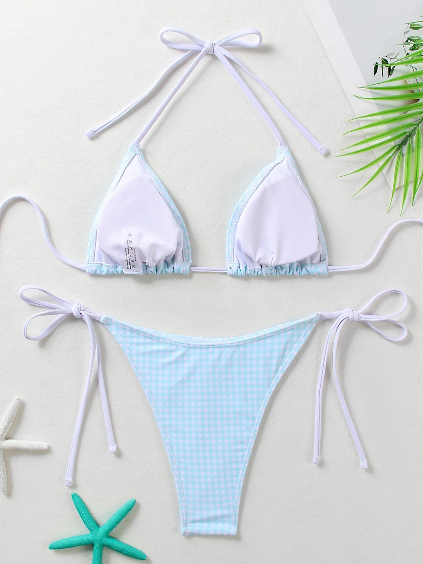 2pcs/Set New Plaid Halter Tie Side High Cut Spaghetti Strap Bikini Swimwear, Blue & White Beach Vacation Women Swimwear For Summer