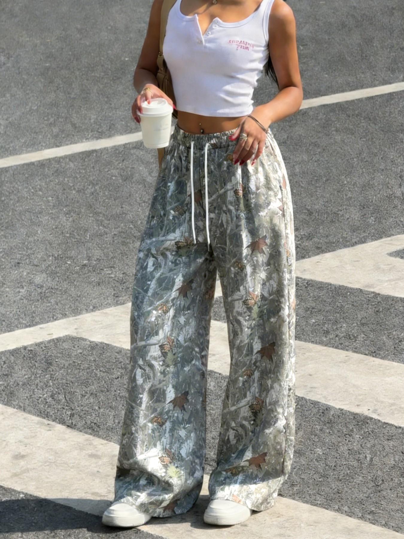 Women's Vintage Street Style Camo Knit Loose Sports Pants, Drawstring Waist, All Seasons Comfortable Casual Long Pants