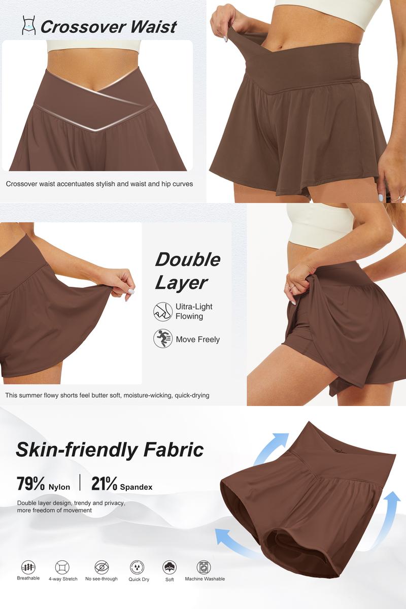 FireSwan Everyday Crossover Workout Shorts for Women Side Pocket 2-in-1 Tennis Skorts with Spandex Butterfly Flowy Running Shorts