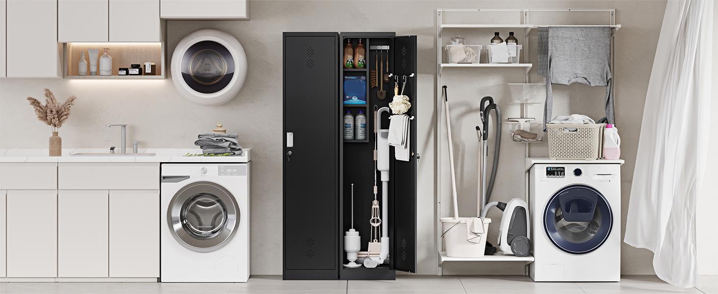 Letaya Broom Closet Storage Cabinet,Metal Cleaning Supply Tool Cabinet,Utility Cabinets for Brooms & Mops Black Garage Organization Cabinet for Laundry Room, Bathroom