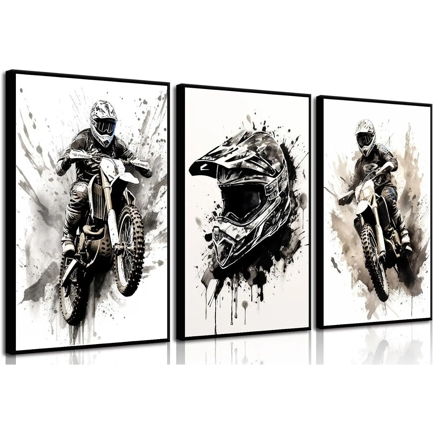 Motorbike Trendy Wall Art Black and White Motorcycle Canvas Poster Prints Artwork Cool Racer Sports Pictures Motocross Rider Graffiti Helmet Painting for Boys Teen Man Cave Home Decor 12x16in
