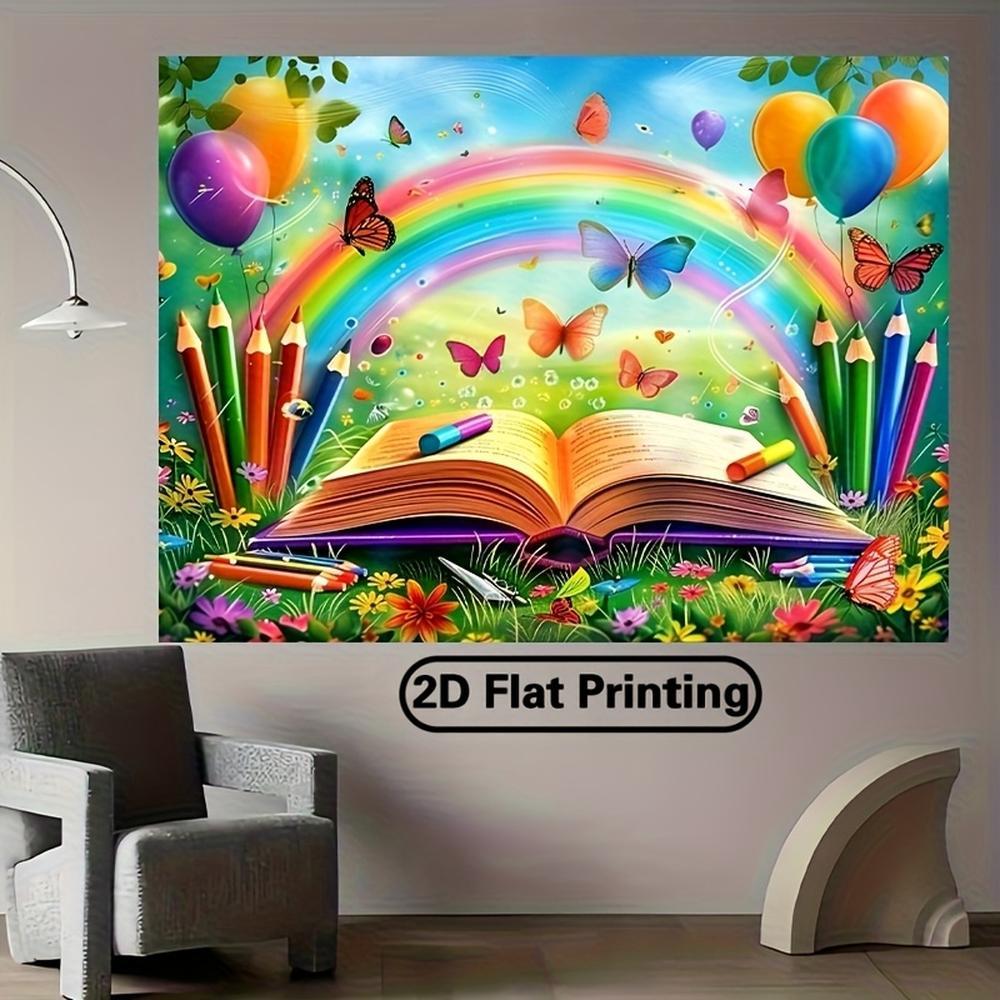 2D Flat Printing Back to School Rainbow Open Book Banner - Polyester Fabric Photography Backdrop & Party - Photographic Cloth, Outdoor and Indoor Party Banners, Background with Festive Elements fo