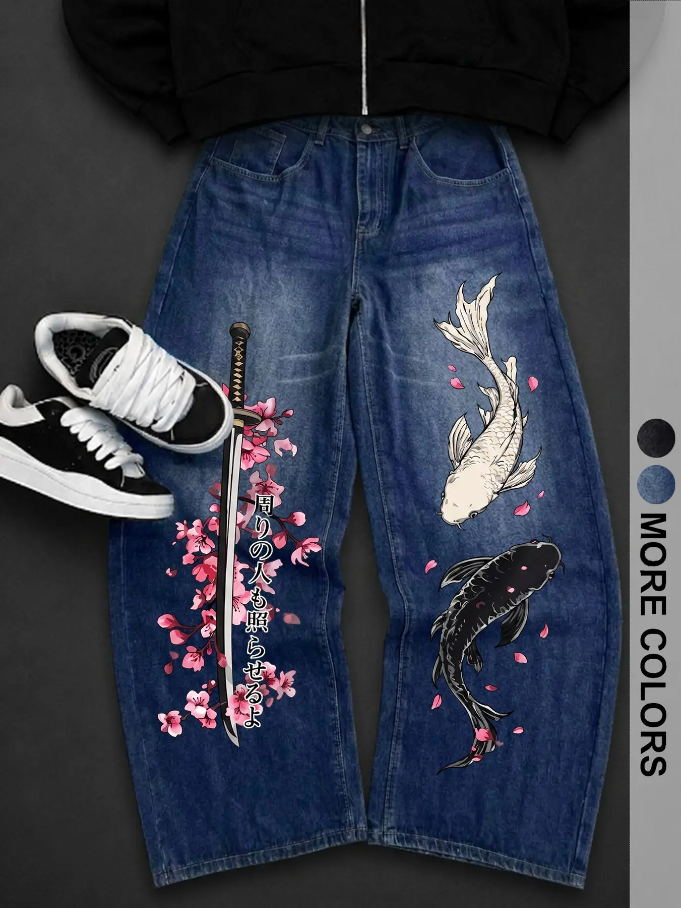 Men's Japanese Style Cherry Blossom Samurai Koi Print Denim Jeans, High Waist Wide Leg Drop Hem Dad Jeans, Casual All Seasons