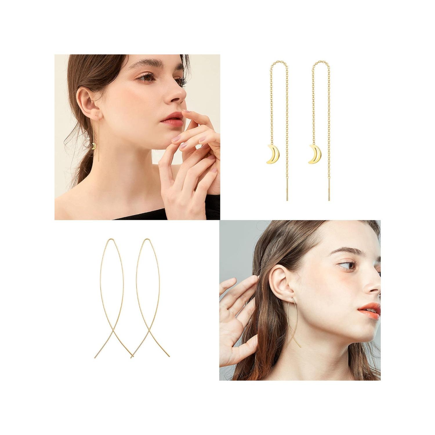 9 Pairs Threader Earrings for Women Pull Through Earrings Long Tassel Chain Earrings Weird Heart Dangle Drop Chain Earrings Set