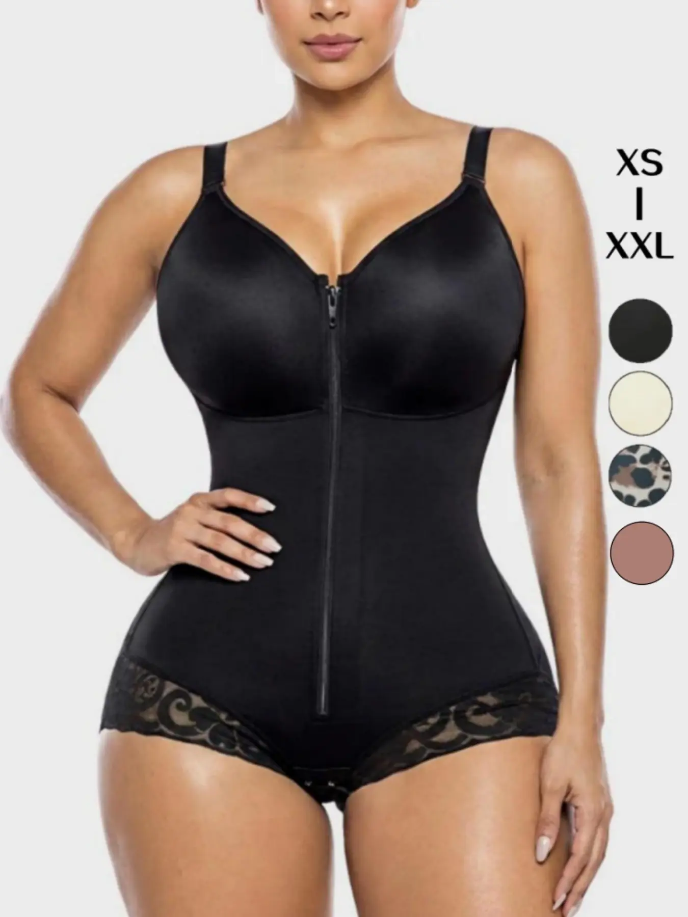Women Shapewear Plus Size Zip Front Lace Hem Tummy Control Leopard Print Bodysuit Viral Bodysuit Shapewear Bodysuit Fit Gym Motivation Waist Trainer Body Shaper Seamless Compression Body Suit Everyday Outfit OOTD