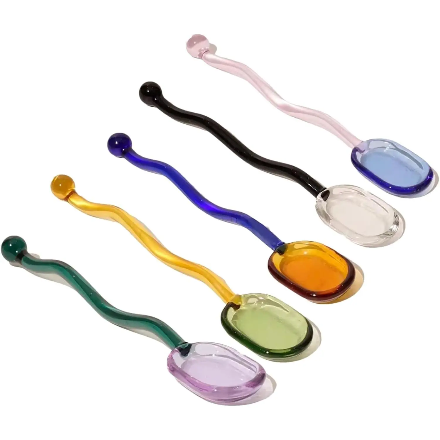 5 Pieces Glass Spoons, Creative Colored Transparent Coffee Milk Glass Dessert Stirring Spoon Curved Handle Tools for Tea Sugar Home Bar Party (Square)