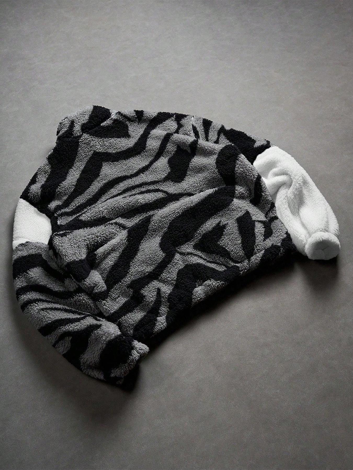 Unisex design, trendy couple's outfit, Y2K style with English patterns and street-style zebra print color-blocked fleece-lined Long Sleeves jacket for autumn and winter. Suitable for streetwear, Y2K fashion, high-street culture,ideal as a gift for men