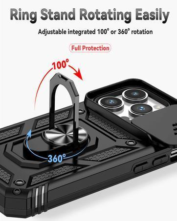 SunStory Compatible with iPhone 15 Case with HD Screen Protector & Slide Camera Cover & Rotated Ring Kickstand, [Military-Grade] Phone Case for iPhone 15,Red