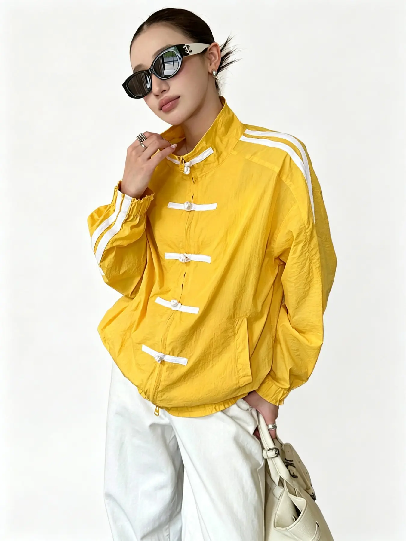 New Traditional Women's Stand Collar Casual Sport Jacket, Bright with Side Stripes, Button and Zipper Front, Elastic Sleeves and Hem, Aesthetic
