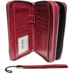 Women's PU Vegan Leather RFID Long Wallet, Zip-Around Closure, Wristlet Hand Strap, Large Capacity with Card Slots, Coin Pocket & Pen Holder (Wine Red)