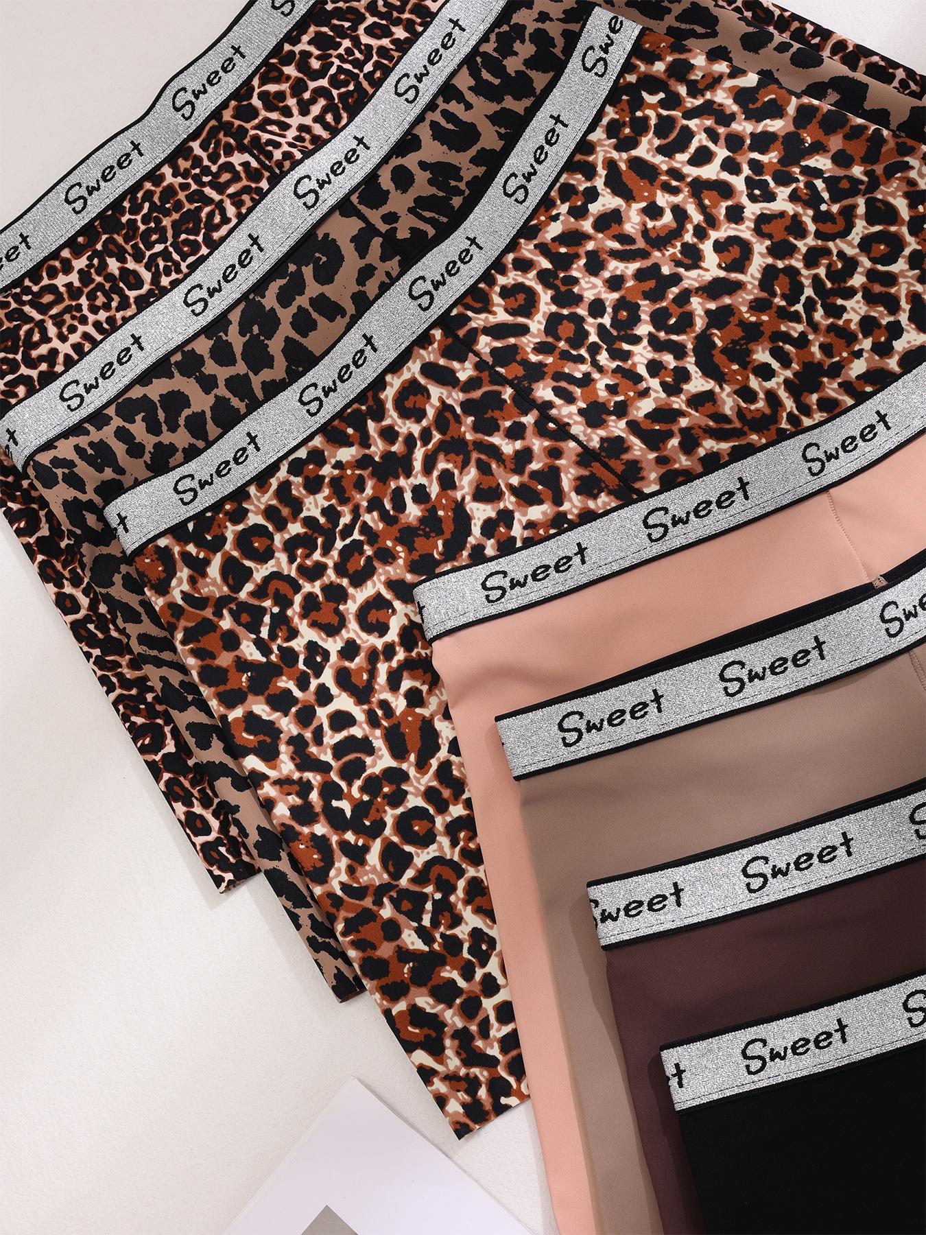 Women's Leopard & Plain Print Contrast Letter Tape High Waisted Boxer Brief, Soft Comfy Breathable Panty for Daily Wear, Underwear for All Seasons