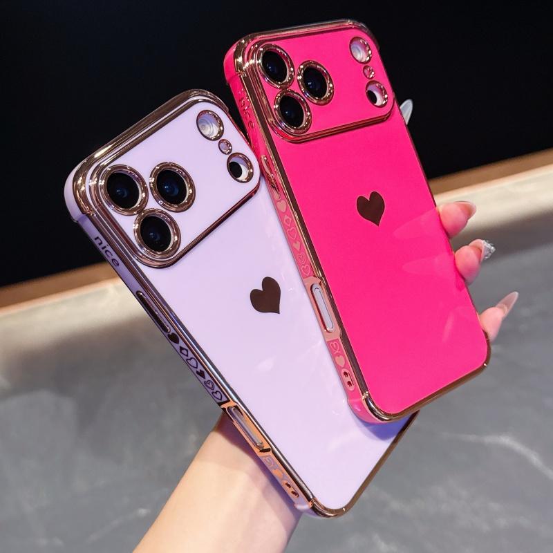 for iPhone 17 Pro Max 16 15 14 13 12 Phone Case, Luxury Cute Gold Love Heart for Women Side Small Pattern Luxury Plated Edge Camera Protection Soft Silicone Shockproof Bumper Cover