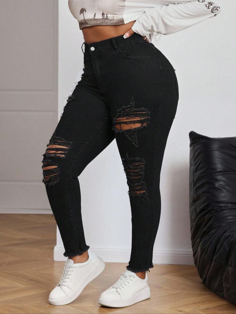 Women's Fashion New Plus Size Denim Ripped Design Faux Fur Hem High Elasticity Skinny Pants, Casual Plain Long Trousers for All Seasons