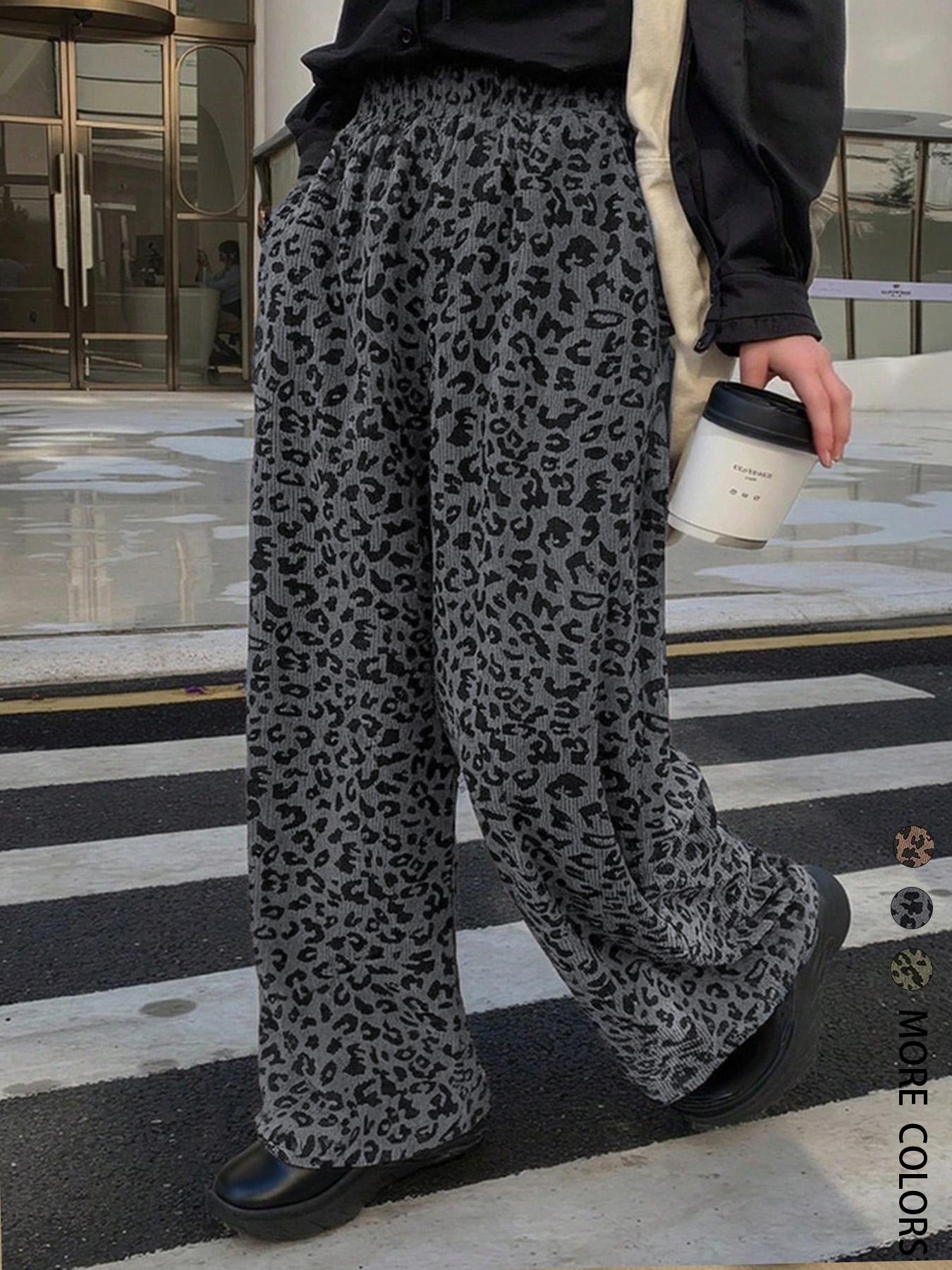 Women's Casual Elastic Waisted Leopard Print Corduroy Loose Fit Pants Bottom, Womenswear, Comfortable and Stylish, Perfect for Daily Wear, Everyday, All Season, Back To School Clothes Fall, Trouser, Casual Fashion Bottoms