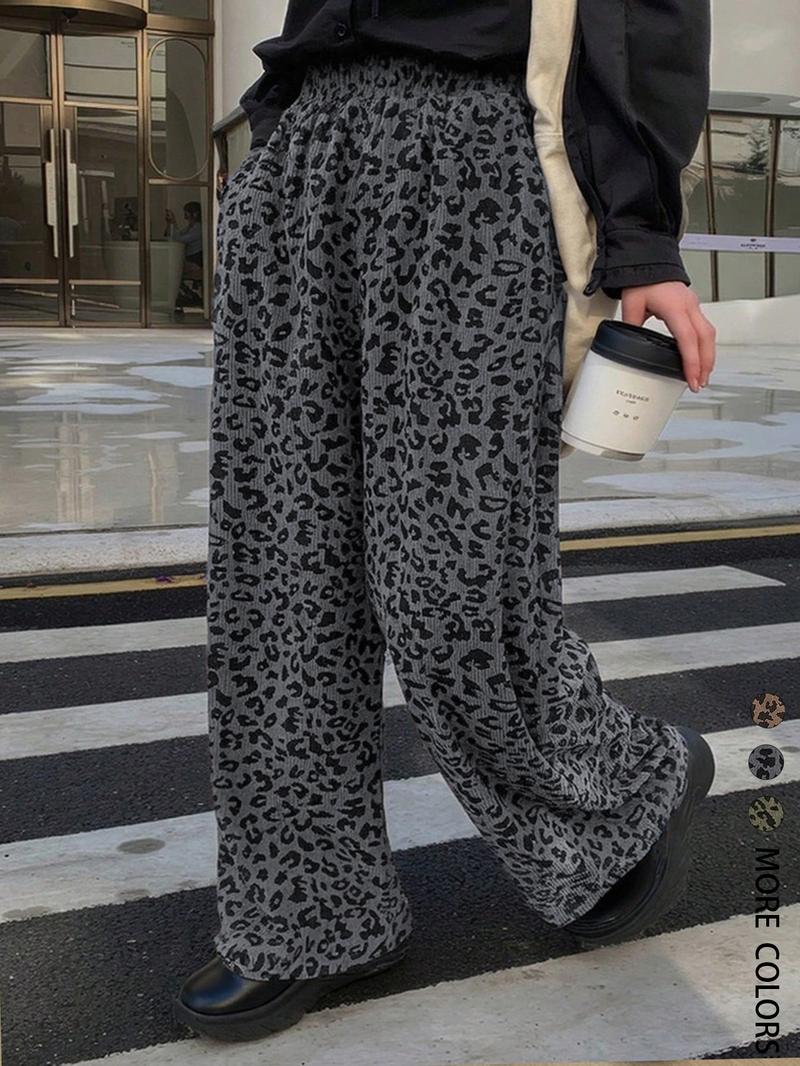 Women's Casual Leopard Print Elastic Waist Corduroy Loose Fit Pants, Comfortable and Stylish, Perfect for Daily Wear,All Season, Back To School Clothes Fall
