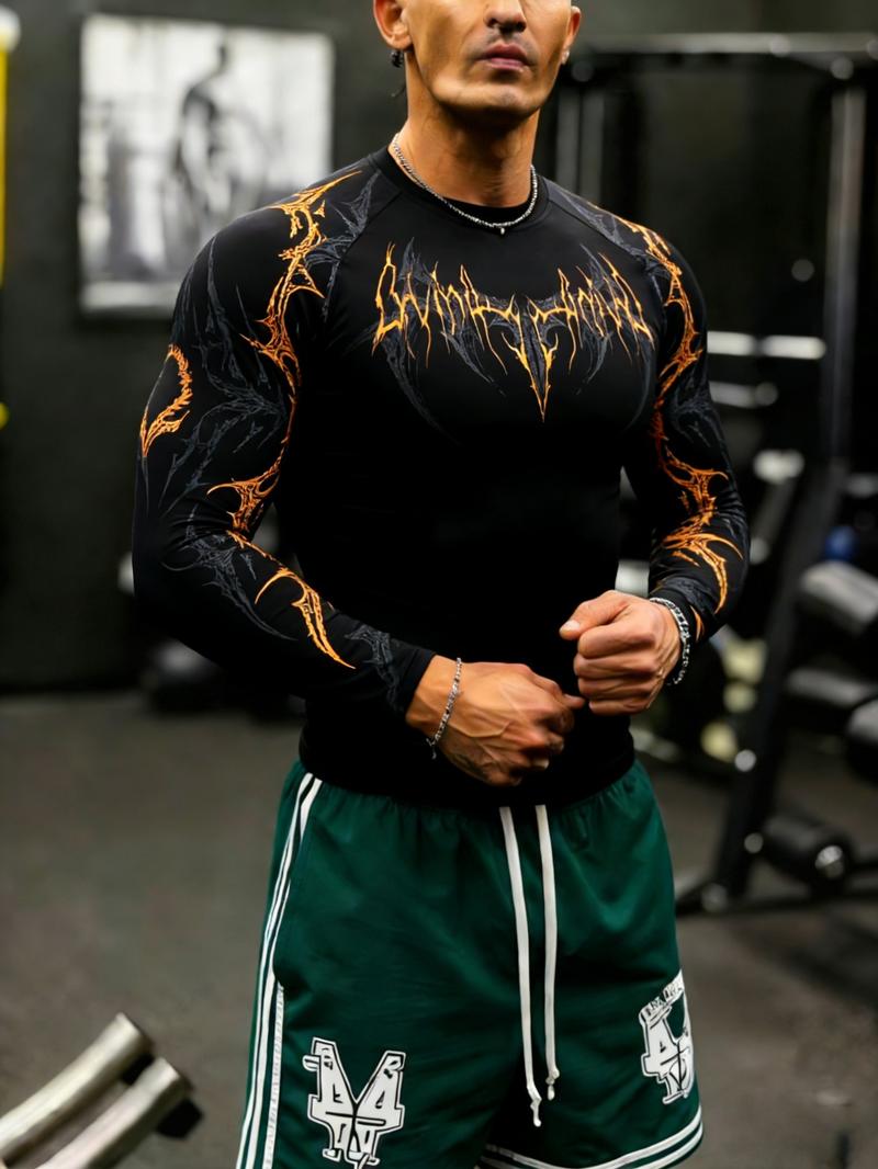 Men's Professional Sports Quick-Dry Fitness Shirt, Gothic Print Long Sleeve, High Elasticity, Round Neck, Moisture-Wicking, Running, Training, Daily Wear