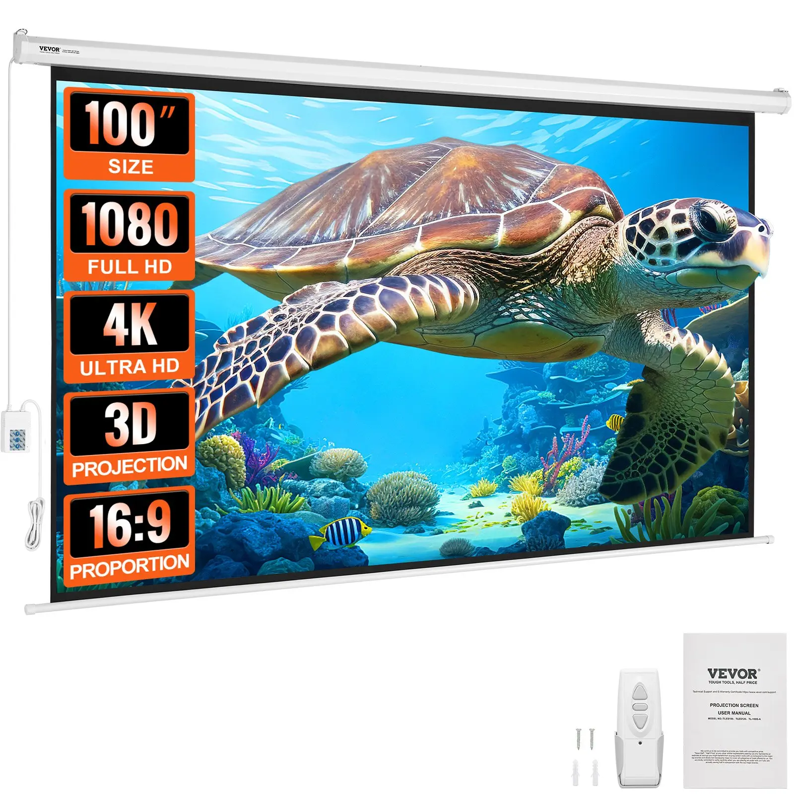 VEVOR Motorized Projector Screen 100 inch, 16: 9 4K 1080 HD Automatic Projection Screen, Electric Projector Screen with Remote Control, Wall Mount Movie Screen for Family Home Office Theater